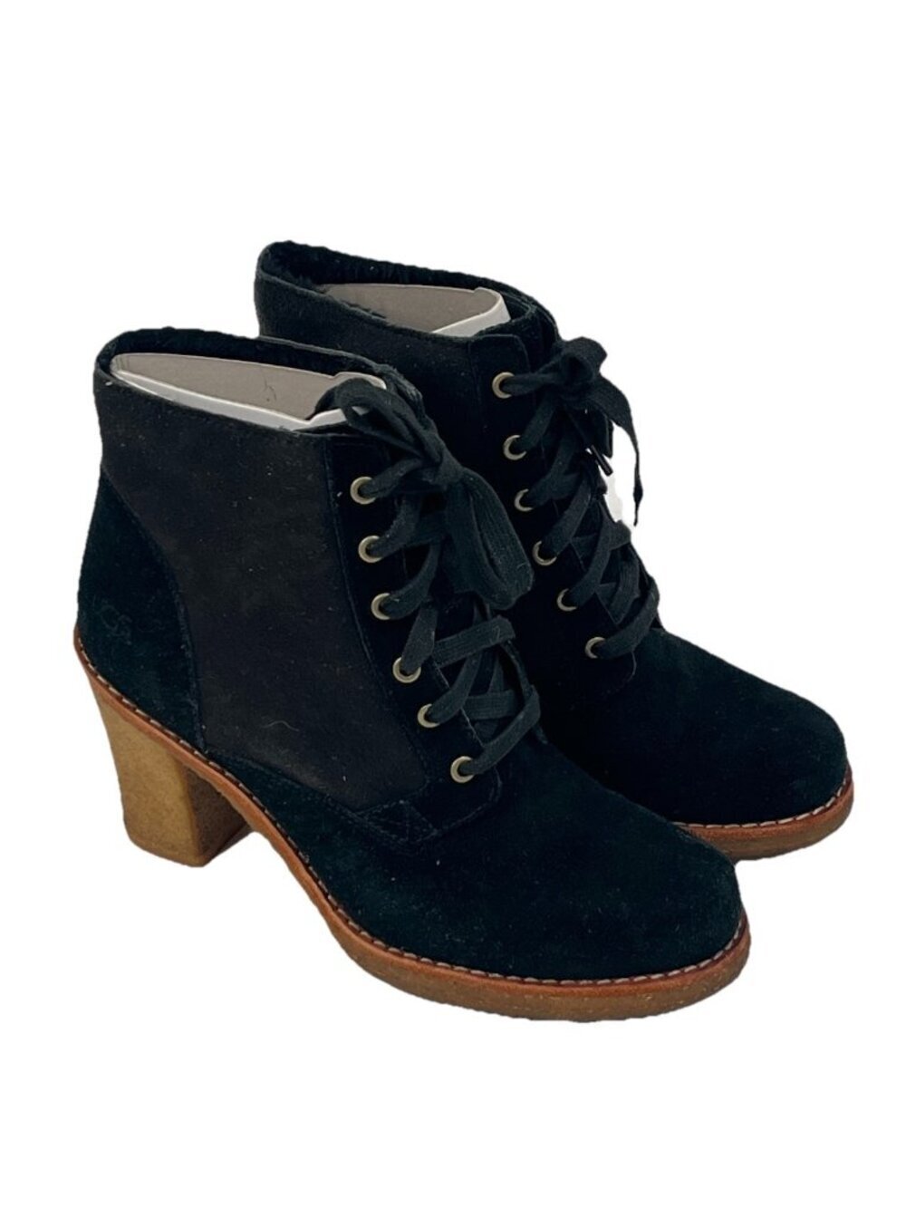 Ugg Sophia Black Suede Leather Lace Up Ankle Boots Sz 7.5 Block Heels